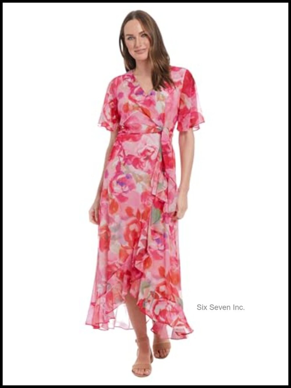 London Times Watercolor Floral Chiffon Wrap Maxi Dress Flutter Sleeve
